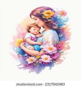 Joyful Maternity: Watercolor Art Design Featuring a Mother and Newborn