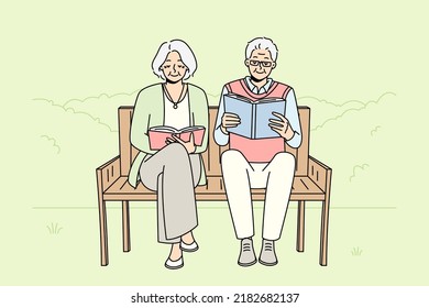 Joyful mature couple sit on bench in pack reading books. Smiling old man and woman relax outside enjoy literature. Happy maturity and hobby. Vector illustration. 