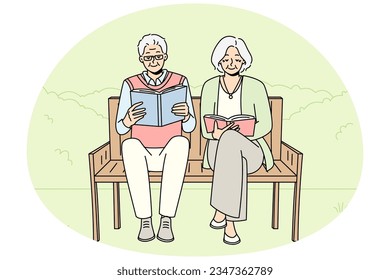 Joyful mature couple sit on bench in pack reading books. Smiling old man and woman relax outside enjoy literature. Happy maturity and hobby. Vector illustration.