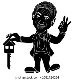 Joyful mature men holds a key for house, conceptual cartoon stencil vector illustration