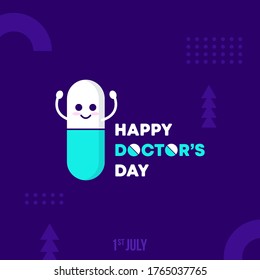 Joyful Medical Tablet character. Happy Doctors day Vector illustration. Creative post flat design.