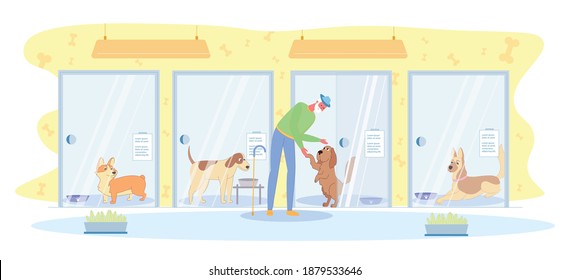 Joyful Meeting Owner with Pet in Hotel for Dogs. Elderly Man in Hat with Cane Came to Pick up his Dog, Illustration. Animal Leaves Enclosure and Extends Foot to Owner, other Dogs Watch them.