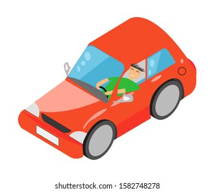 A joyful men is going on the orange car on vacation. Vector illustration. Flat design. Stock illustration.Travel by car