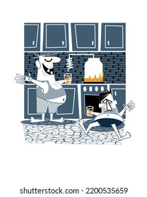 Hombres alegres en la cocina. Ilustración vectorial.