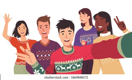 Joyful men, women posing taking selfie group photo picture having New Year Day party. Young friends persons celebrating Christmas together. Xmas celebration fun flat vector character illustration