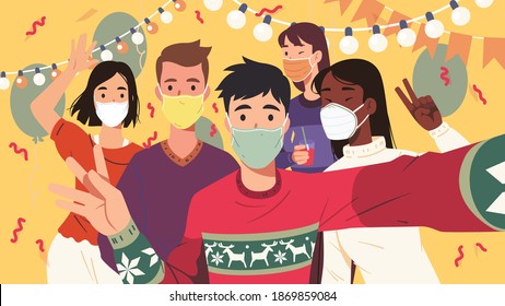 Joyful men, women posing taking selfie group photo at New Year party. Friends celebrating Christmas together. Wearing epidemic protective masks. Celebration fun flat vector masked character illustrati