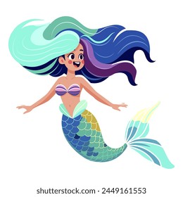 A joyful mermaid with flowing hair and a colorful tail, in a flat graphic style, isolated on a white background, concept of fantasy. Vector illustration