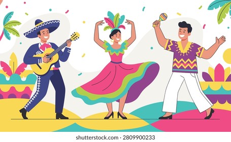 Joyful Mexican performance featuring traditional mariachi guitar player, a festive dancer in colorful dress, and maracas musician.