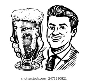 Joyful middle aged man in suit or businessman posing with lager foamy beer glass. Hand drawn sketch retro illustration