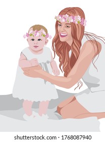 Joyful mom and her child wearing white dresses and floral crowns on head. Vector