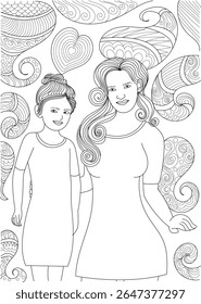 Joyful Mom and Me bonding through art: Detailed line drawing of a loving mother and her child, surrounded by decorative zentangle-inspired swirls and hearts, ideal for adult coloring books.