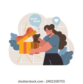 Joyful moment between owner and pet. Woman surprises her dog with a gift box. Bonding, affection, celebration. Pure happiness and love. Flat vector illustration