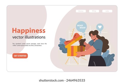 Joyful moment between owner and pet. Woman surprises her dog with a gift box. Bonding, affection, celebration. Pure happiness and love. Flat vector illustration