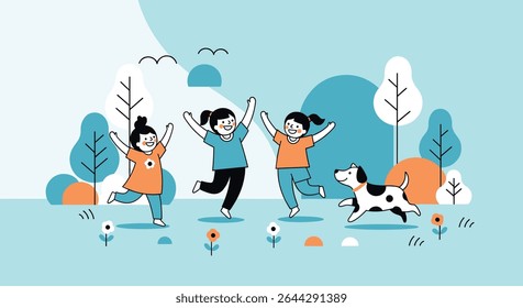 Joyful Moments Playtime and Exploration A Group of Children Running and Playing with a Dog