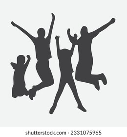 Joyful Moments, Silhouettes of a Delighted Family Jumping Together in Celebration