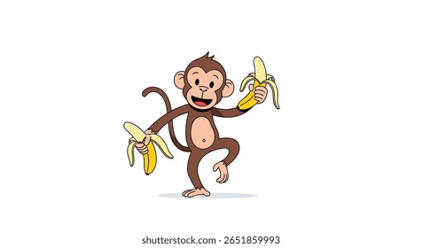 Danças de macaco alegres com bananas em estilo de desenhos animados