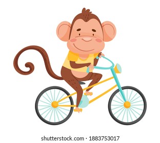 Joyful Monkey with Long Tail Riding Bicycle Vector Illustration