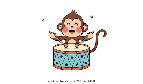 Joyful monkey playing drums with drumsticks on a musical instrument drum with stars pattern
