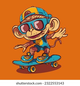 Joyful Monkey Skateboarding with Sunglasses and Cap - Vector Illustration