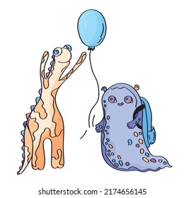 Los alegres personajes monstruosos van a la escuela y celebran. Ilustración vectorial EPS10 aíslar para tarjetas, invitaciones y postales para niños.