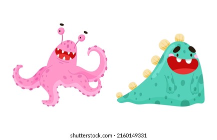 Joyful monsters. Funny smiling toothy monster, alien cartoon characters vector illustration