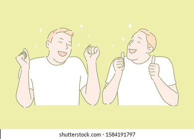 Joyful mood happy person winners emotions concept. Young man smiling, showing positive approval, like gesture. Satisfied boy, employee demonstrating Yes movement. Simple flat vector