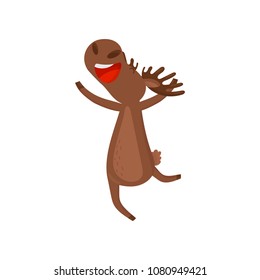 Joyful moose in jumping action. Wild forest animal. Eurasian elk with happy muzzle. Colorful flat vector design