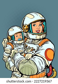 Joyful mother astronaut with a baby in her arms. Mothers Day. Pop art retro style. Cosmic woman in motherhood. Pop art retro vector illustration kitsch vintage 50s 60s style