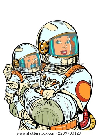 Joyful mother astronaut with a baby in her arms. Mothers Day. Pop art retro style. Cosmic woman in motherhood. Pop art retro vector illustration kitsch vintage 50s 60s style