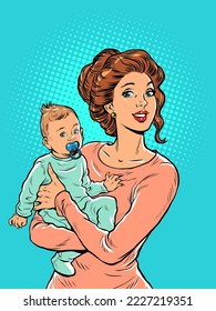 Joyful mother with a child in her arms. Mothers Day. Pop art retro style. Beautiful woman in motherhood. Pop art retro vector illustration kitsch vintage 50s 60s style