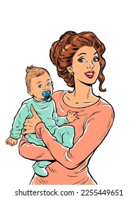 Joyful mother with a child in her arms. Mothers Day. Pop art retro style. Beautiful woman in motherhood. Pop art retro vector illustration kitsch vintage 50s 60s style