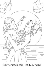 Joyful Mother and Child Playing Outdoors, Illustrative Line Art of a Happy Family Moment, Black and White Drawing Capturing Parental Love and Playful Interaction with Laughter and Fun.