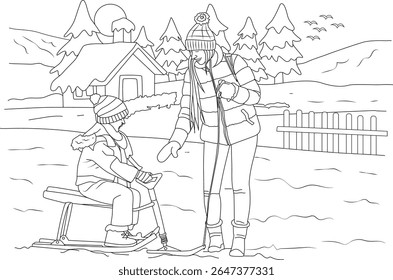 Joyful mother and child in winter scene, learning to sled on snow, illustration for family fun and outdoor activities.