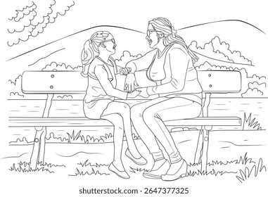 Joyful Mother and Daughter Bonding on a Park Bench, Engaged in Heartfelt Conversation and Laughter, Capturing a Beautiful Moment of Connection and Family Love Outdoors in Nature.