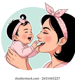A joyful mother holds her laughing baby, both wearing pink polka-dot headbands, sharing a sweet moment of affection. Vector illustration.