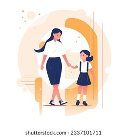 Joyful mother leads her daughter to the first grade of the school. Schoolgirl. Loving parents and children. Studies. Lessons. Vector.
