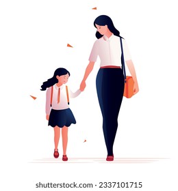 Joyful mother leads her daughter to the first grade of the school. Schoolgirl. Loving parents and children. Studies. Lessons. Vector.