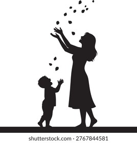 Joyful mother and son playing with falling petals during Mother's Day. Celebratory scene for family greeting cards.