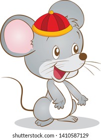 Joyful Mouse Cartoon with Red Hat. Illustration for Chinese Year of the Rat.