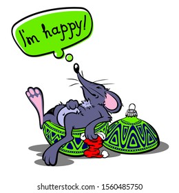 Joyful mouse lies in a green Christmas tree toy with a Santa Claus hat and the thought - I'm happy! Happy New Year. Vector, isolated image.