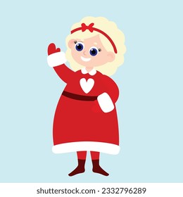 Joyful Mrs. Santa Claus with blue eyes in cartoon style. Mother Christmas is wearing a red coat and waving her hand.