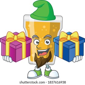 A joyful mug of beer mascot design style with Christmas gifts. Vector illustration