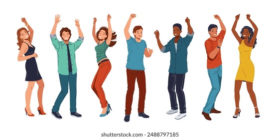 Joyful multiethnic party guests dancing flat color vector icon set. Young diverse clubbers having fun illustration pack on white background