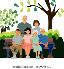 A joyful multi-generational family sitting on a park bench  on a sunny day posing for family portrait