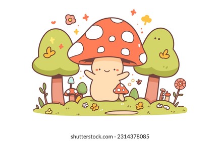 A joyful mushroom with its arms spread in celebration, surrounded by an imaginative forest