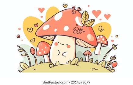 A joyful mushroom with its arms spread in jubilation, surrounded by an imaginative forest