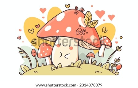 A joyful mushroom with its arms spread in jubilation, surrounded by an imaginative forest