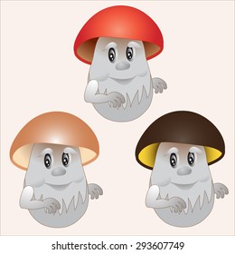 Joyful mushrooms. Set of multi-colored hats. Vector illustration.