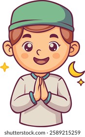 A joyful Muslim boy wearing a green cap raises his hands in dua, standing under a crescent moon. His bright expression captures the essence of Ramadan blessings and prayers.