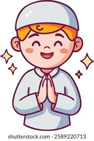 A joyful Muslim boy with a white cap smiles widely while raising his hands in prayer, symbolizing faith, devotion, and gratitude in Ramadan. The cartoon design adds a fun and spiritual touch.